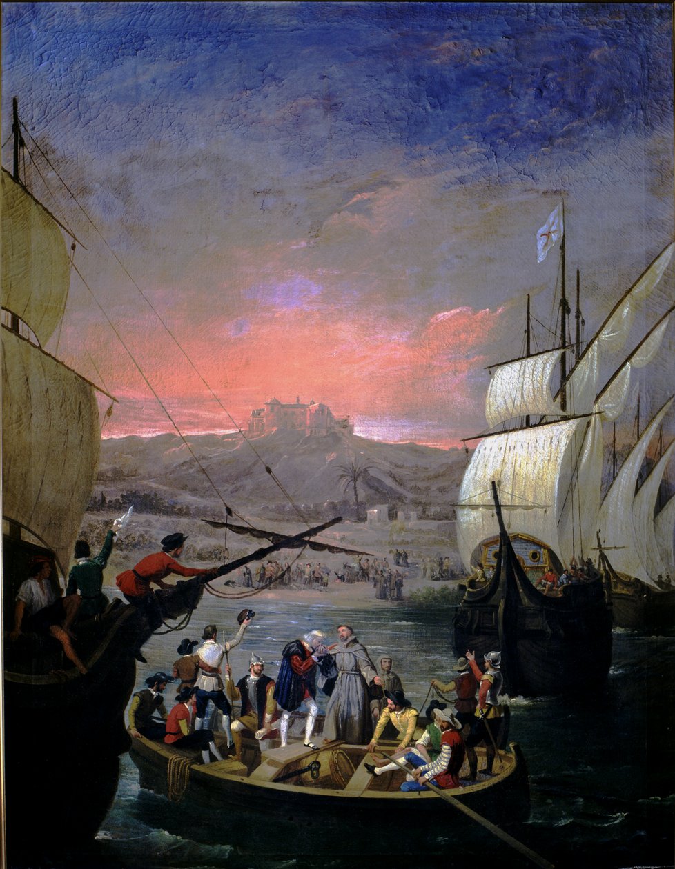 1492-től kezdődően Palos karavellálja a Santa Maria-t, a Pintát és a Ninát (olaj, vászon) alkotó: Juan Cabral Bejarano