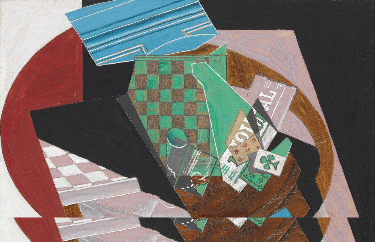 Sakktábla és játékkártyák, 1915 (guache, grafit és gyanta krémszínű szőtt papíron, kartonra szerelve) alkotó: Juan Gris