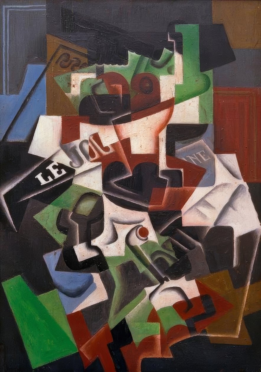 Gyümölcstál, pipa és újság alkotó: Juan Gris