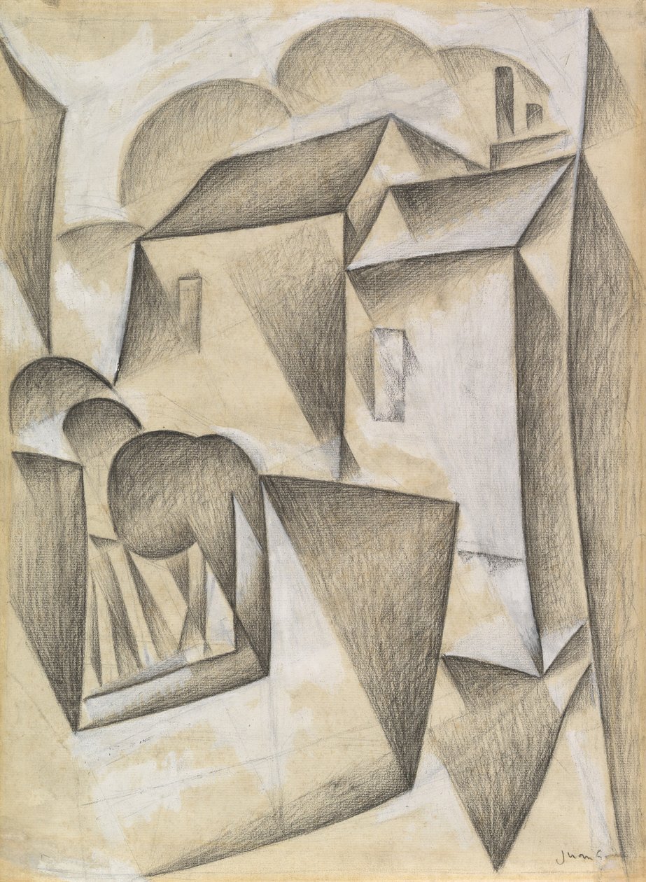 Házak Párizsban, Place Ravignan, 1911 (fekete kréta és gouache fehér fektetett papíron) alkotó: Juan Gris