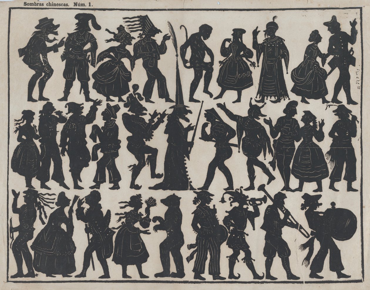 Kínai árnybábok figuráinak 1. lapja, kb. 1850-70. alkotó: Juan Llorens