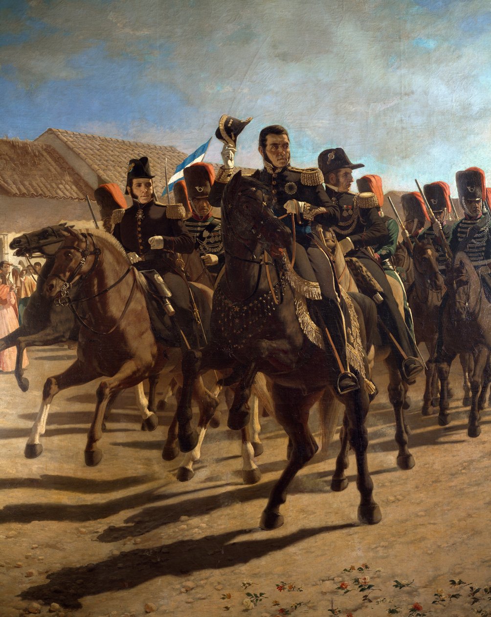 Jose de San Martin tábornok (1778-1850) a vezérkarával a csapatok ellenőrzése közben a chilei Rancaguában. alkotó: Juan Manuel Blanes