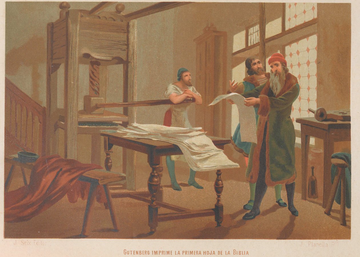 Gutenberg kinyomtatja a Biblia első oldalát. Feladó: Tudomány és emberei, alkotó: Juan Planella y Rodríguez