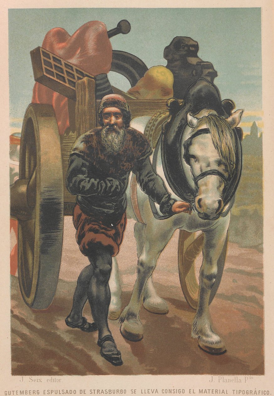 Johannes Gutenberg elhagyja Strasbourgot. Innen: A tudomány és emberei, 1879. alkotó: Juan Planella y Rodríguez