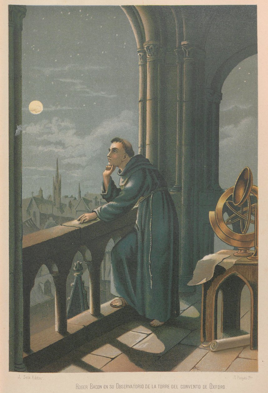Roger Bacon. Innen: A tudomány és emberei, 1879. alkotó: Juan Planella y Rodríguez