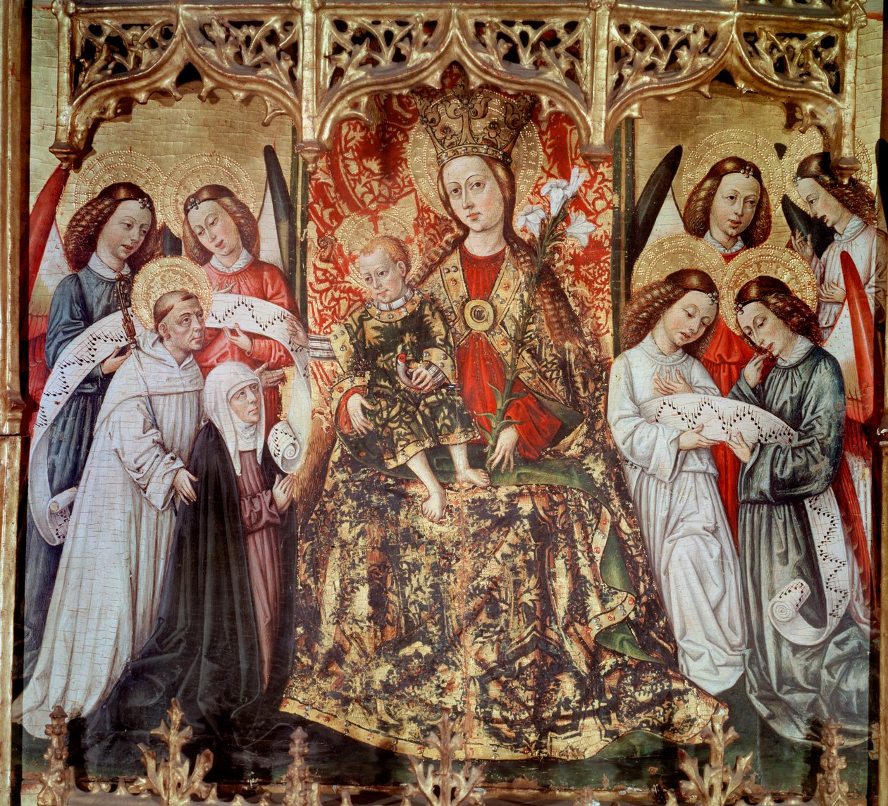 Szent Orsolya oltárképe: "" Szűz és gyermek szentekkel és angyalokkal"" Joan Reixach (1431-1482) festménye a Santa Maria di Poblet kolostorból - 1468 (Santa Ursula oltár, Joan Reixach festménye a Santa kolostorból Maria de Poblet alkotó: Juan Rexach or Reixach