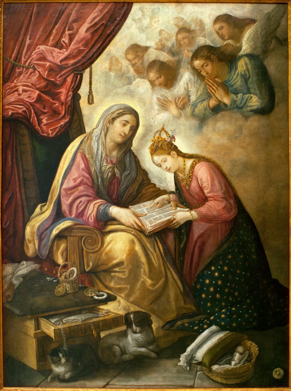 Szent Anna olvasni tanul a Szűznek - Juan de Roelas festménye (kb. 1558/1560-1625), olaj, vászon, kb. 1615 – Sevillai Szépművészeti Múzeum, Spanyolország alkotó: Juan de Roelas
