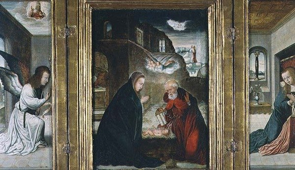 Krisztus születése Triptichon a Születéssel az Angyali üdvözlet mellett (panel) (lásd még: 82427) alkotó: Juan de (school of) Flandes