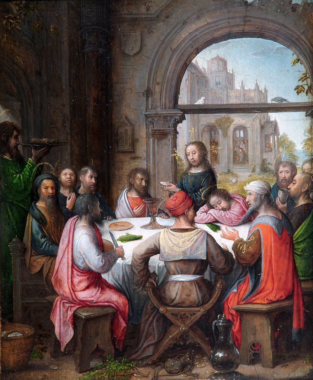 Az utolsó vacsora, az Eucharisztia intézményével és a tanítványok lábát mosó Krisztussal (olaj, tölgyfa tábla) alkotó: Juan de (school of) Flandes