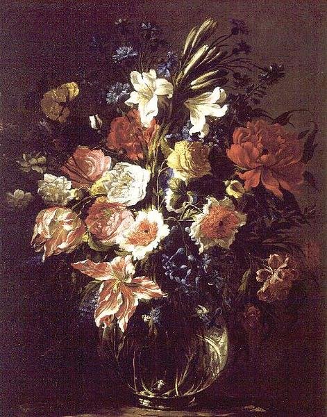 Liliom, bazsarózsa, tulipán, búzavirág és más virágok üvegvázában, talapzaton. alkotó: Juan de Arellano