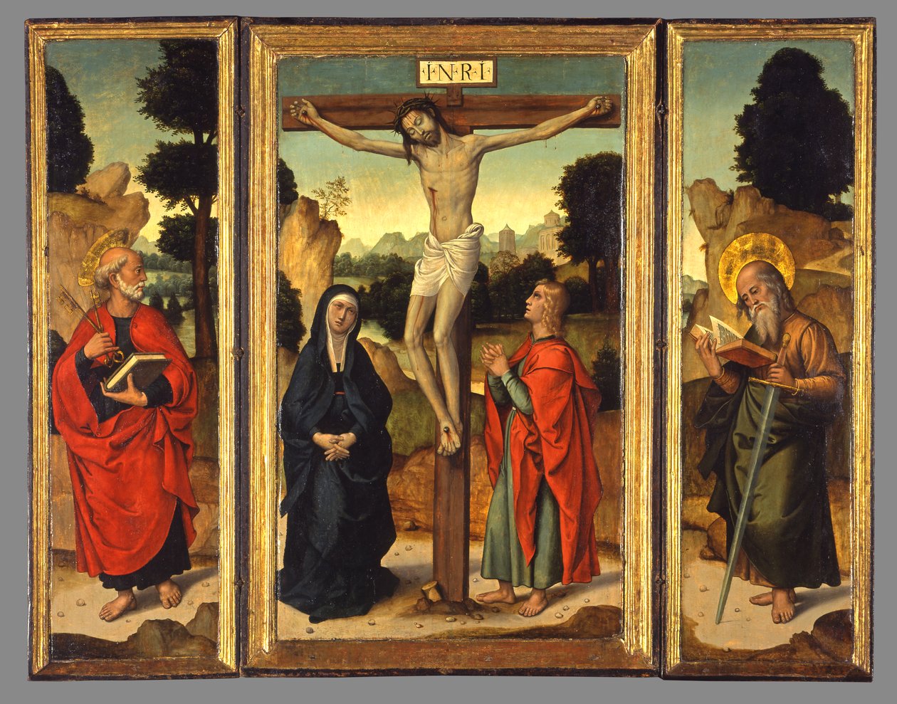 Keresztút a Szűzanyával és Szent János evangélistával, Péterrel és Pállal, 1520-1540 alkotó: Juan de Borgoña