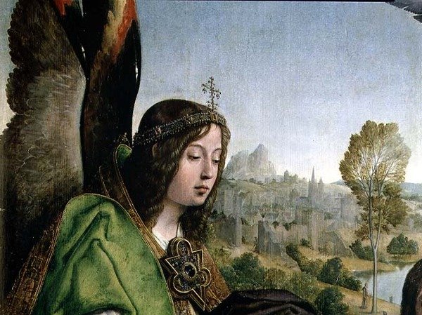 Krisztus megkeresztelése, egy angyal fejének részlete (olaj, tábla) alkotó: Juan de Flandes
