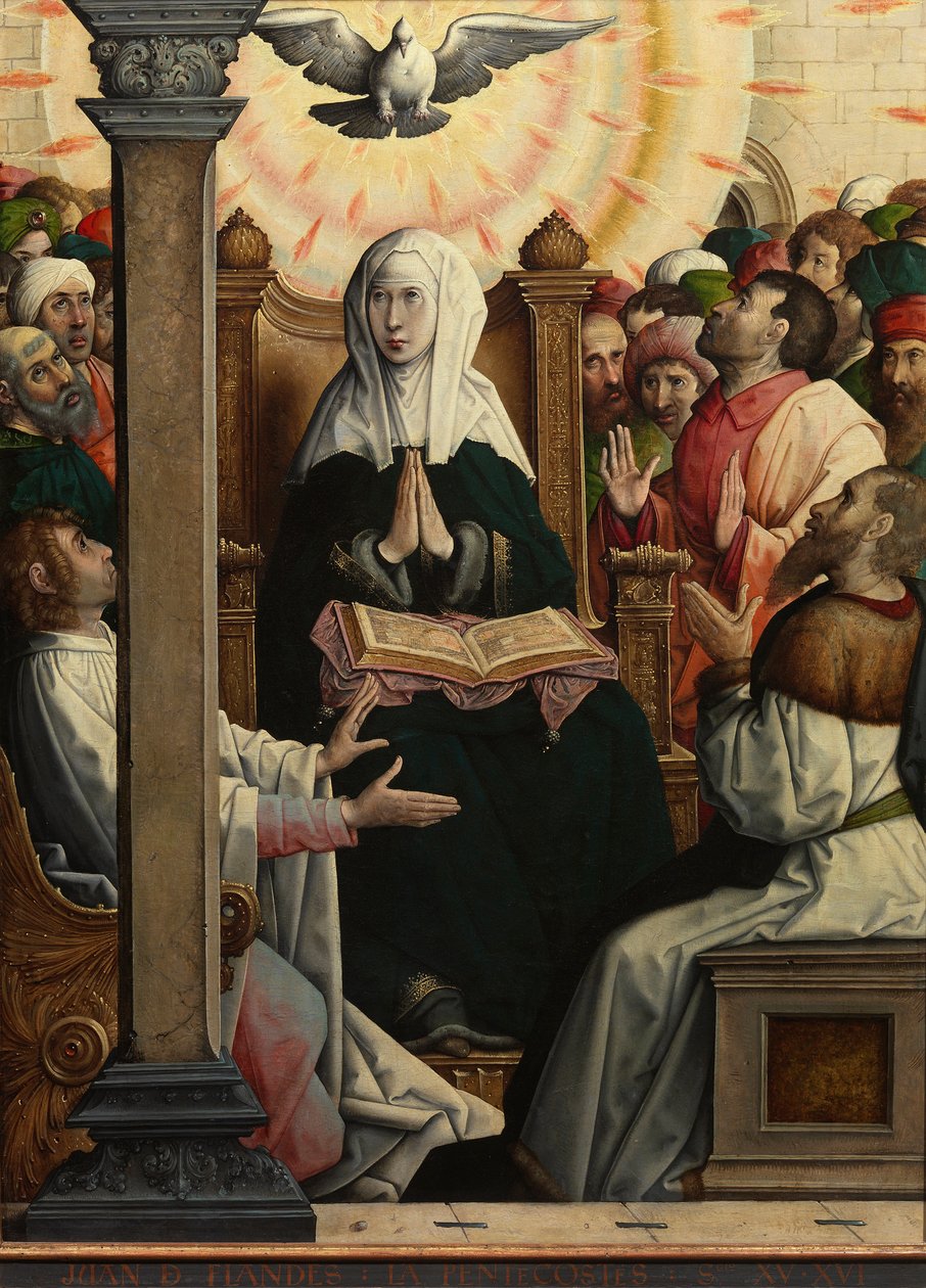 "Pünkösd" (Pünkösd) Juan de Flandes festménye (vers 1465-1519) 1514-1519 Méret: 110x84 cm Museo del Prado, Madrid alkotó: Juan de Flandes