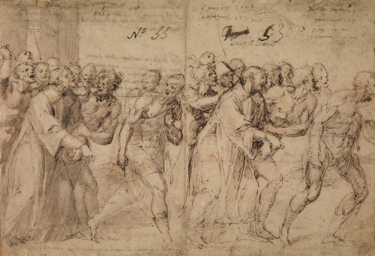 Tanulmány Szent István vértanúságához vezetéshez, 1566 (toll és barna tinta, szürke mosás és (később?) vörös kréta nyomai a papíron) (recto) alkotó: Juan de Juanes Juan de Juanes