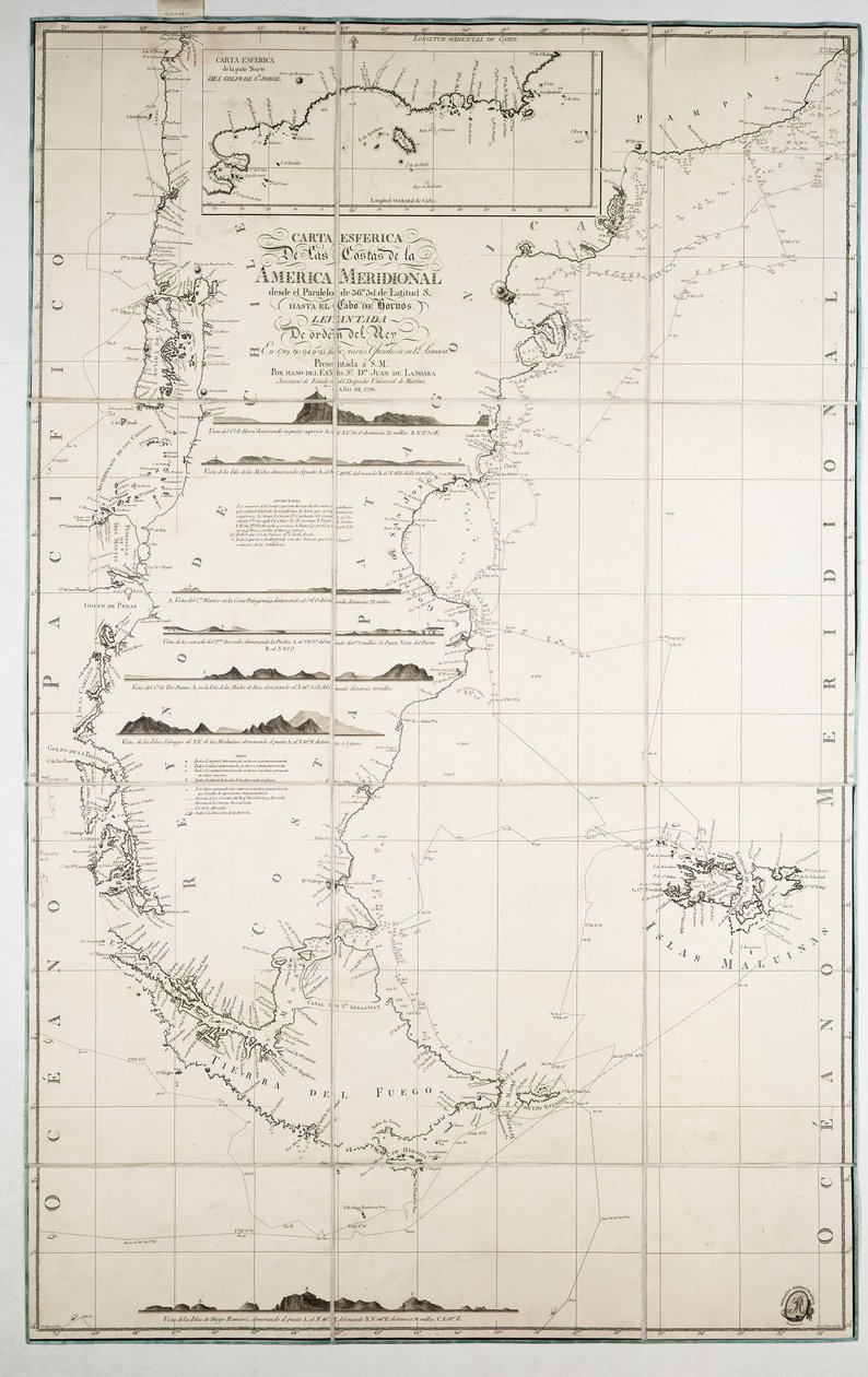 Chile, Patagónia, Tűzföld és a Falkland-szigetek térképe, 1798 körül (metszet) alkotó: Juan de Langara