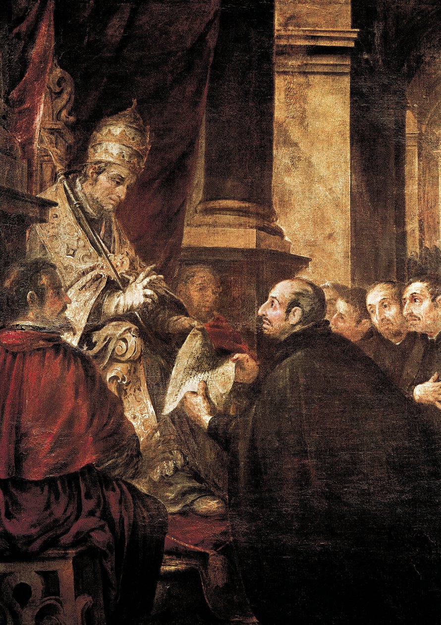 Loyolai Szent Ignác átveszi a jezsuita rend bulláját III. Pál pápától, Juan de Valdes Leal festménye alkotó: Juan de Valdes Leal