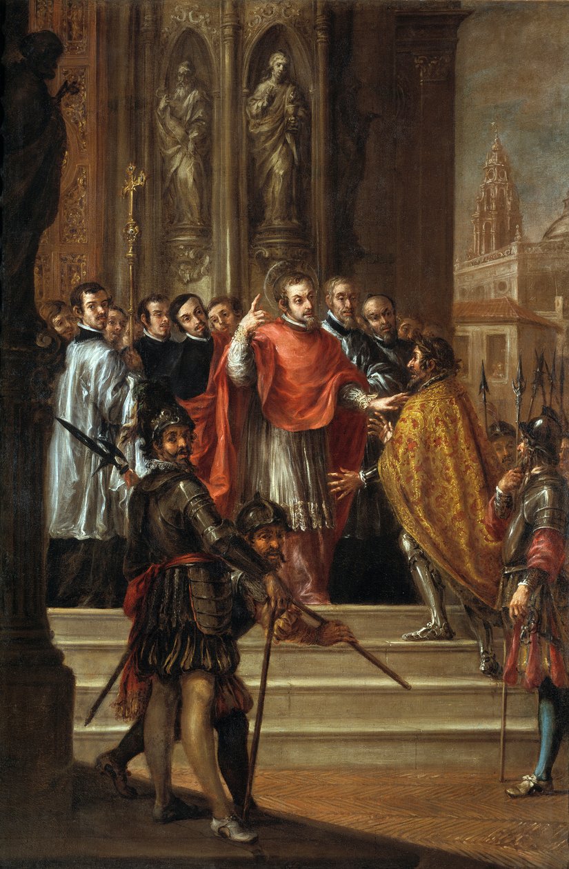 Szent Ambrus, aki megtagadja Theodosius császár belépését a templomba, 1673 körül (olaj, vászon) alkotó: Juan de Valdes Leal