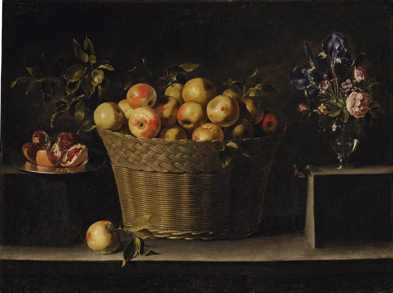 Alma fonott kosárban, nyitott gránátalma ezüsttányéron, rózsa, írisz és más virágok üvegvázában, kőpárkányon. alkotó: Juan de Zurbaran