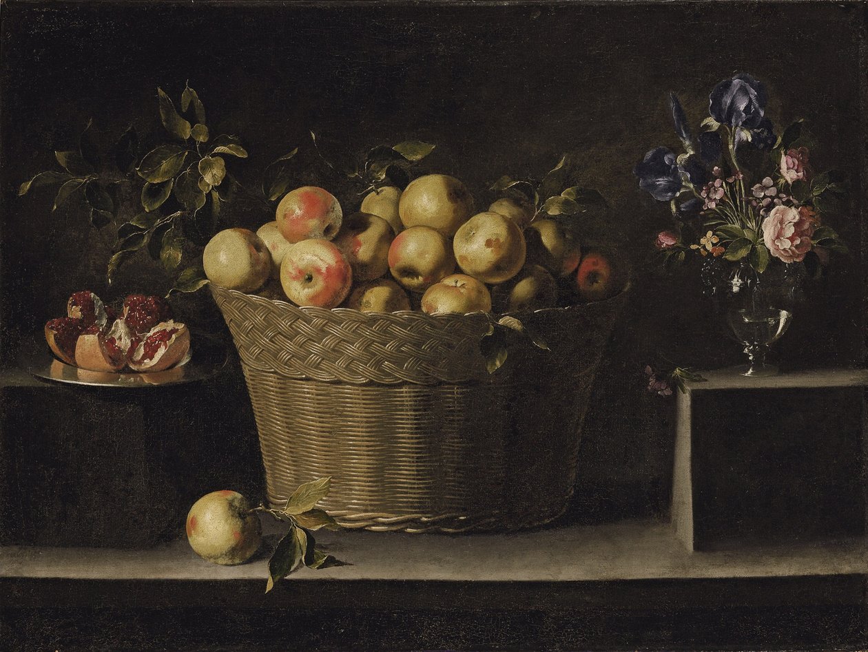 Alma fonott kosárban, gránátalma ezüsttányéron és virágok üvegvázában alkotó: Juan de Zurbaran