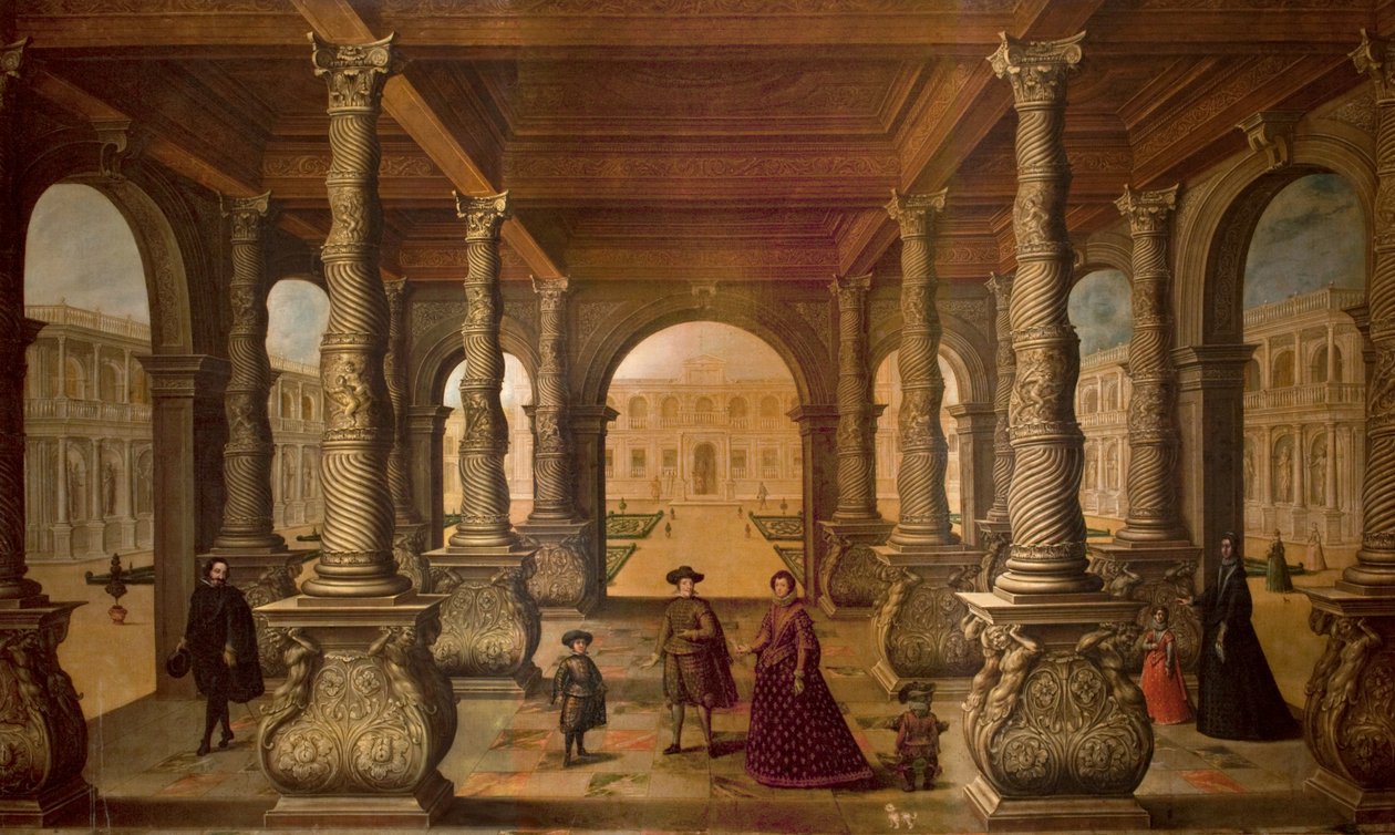 IV. Fülöp és királynője egy oszlopcsarnokban, 1630 körül (olaj, vászon) alkotó: Juan de la Corte
