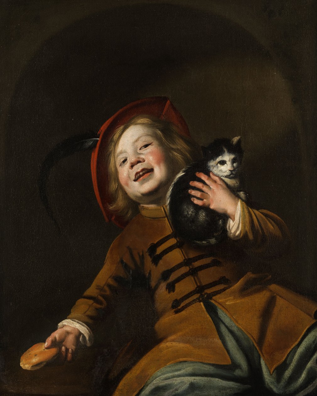 Portré egy fiú macskával, piros kalappal és egy darab kenyérrel alkotó: Judith Leyster