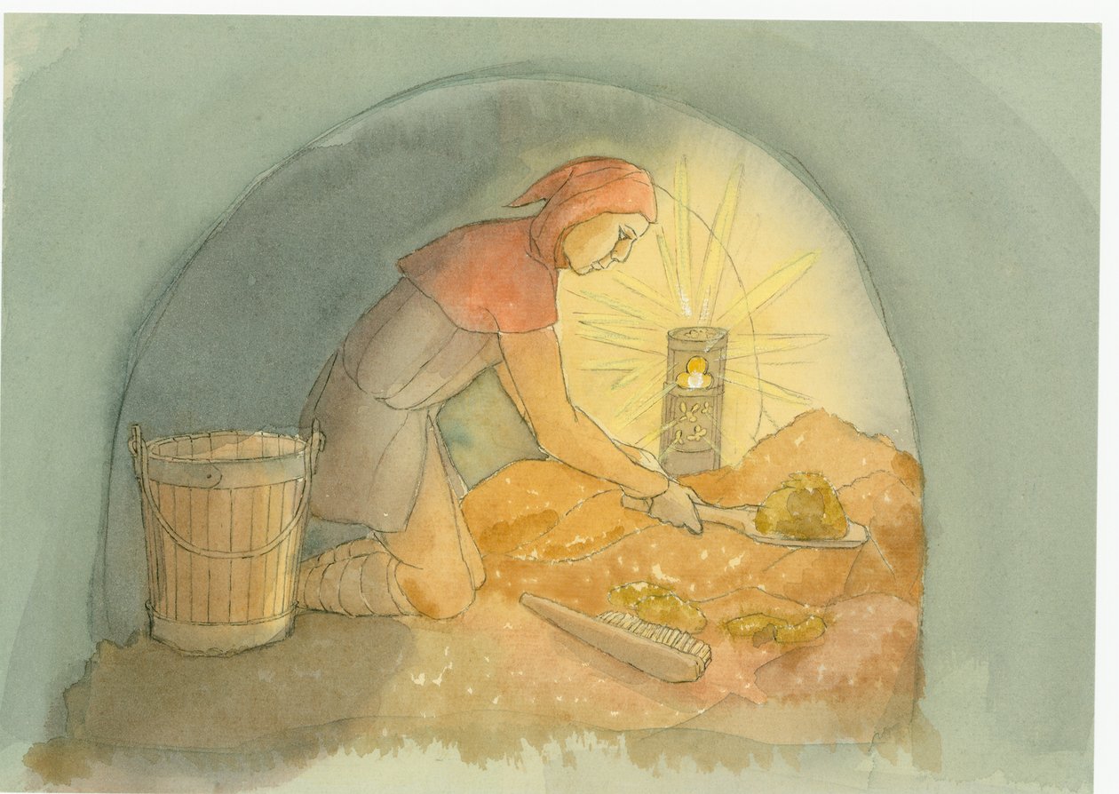 Egy középkori gongfermour, vagy gongparaszt, dolgozik, 2004. alkotó: Judith Dobie