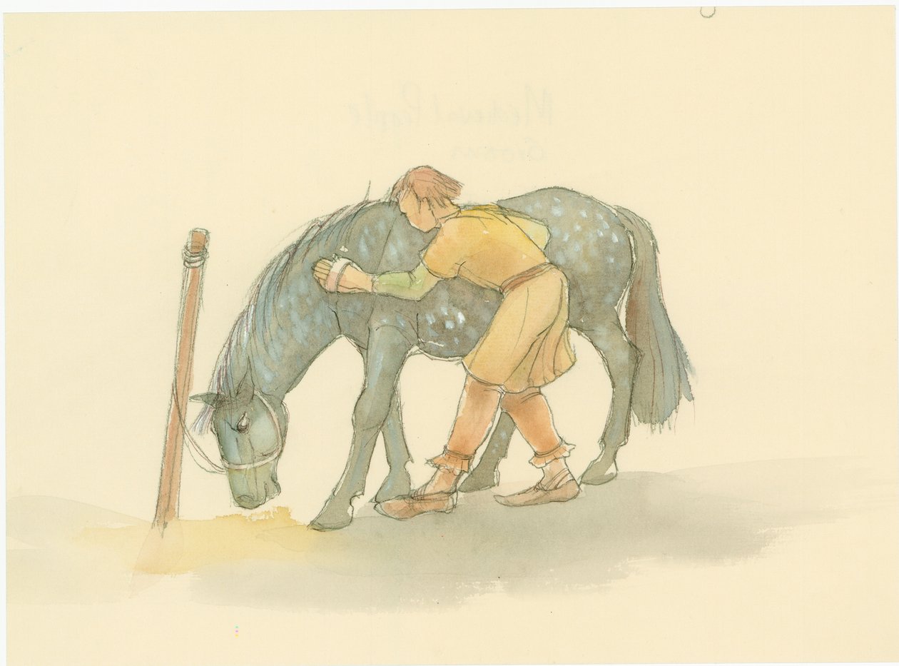 Egy lovat súroló középkori vőlegény, 2004. alkotó: Judith Dobie