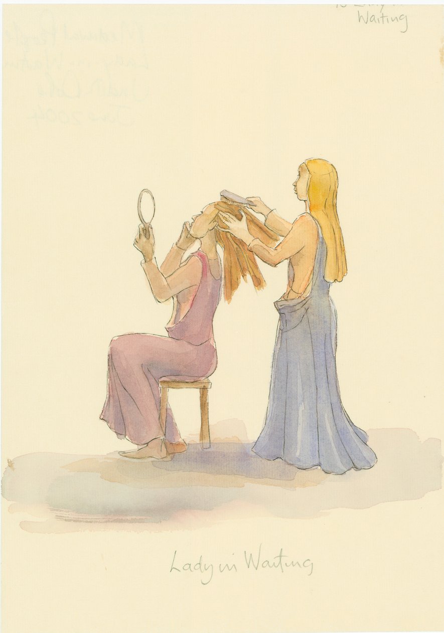 Várakozó középkori hölgy, aki egy hölgy haját fésüli, 2004. alkotó: Judith Dobie