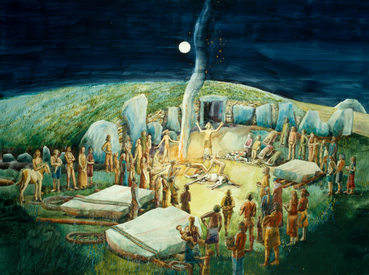 Neolitikus szertartás a West Kennet Long Barrow-ban, Wilshire, 1985-c2012 alkotó: Judith Dobie