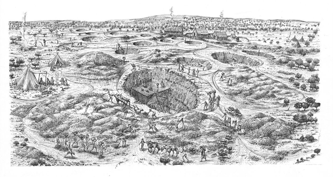 Neolitikus tűzkőbányászat Easton Downban, Wiltshire (toll és tinta, papír) alkotó: Judith Dobie