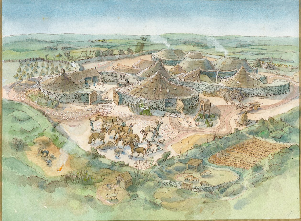 Carn Euny rekonstrukciója (akvarell, papír) alkotó: Judith Dobie