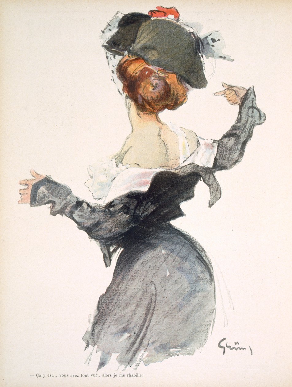 Karikatúra egy nőről, aki az első világháború idején sietős sztriptíztáncot ad elő, a "La Baionnette" című filmből, 1915. alkotó: Jules Alexandre Gruen or Grun