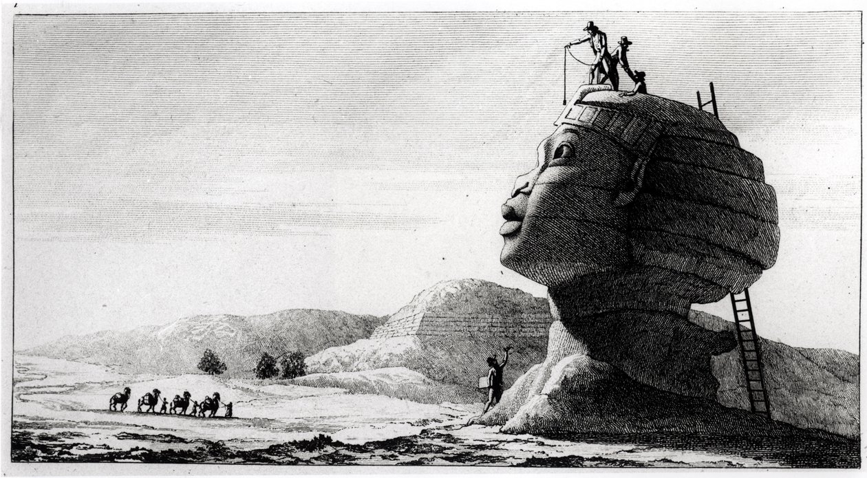 A franciák mérik a szfinxet, Dominique Vivant Denon (1747-1825) Voyage en Egypte című művéből, Deparc metszete, 1802 (fekete-fehér fotó). alkotó: Jules Alfred Vincent Rigo