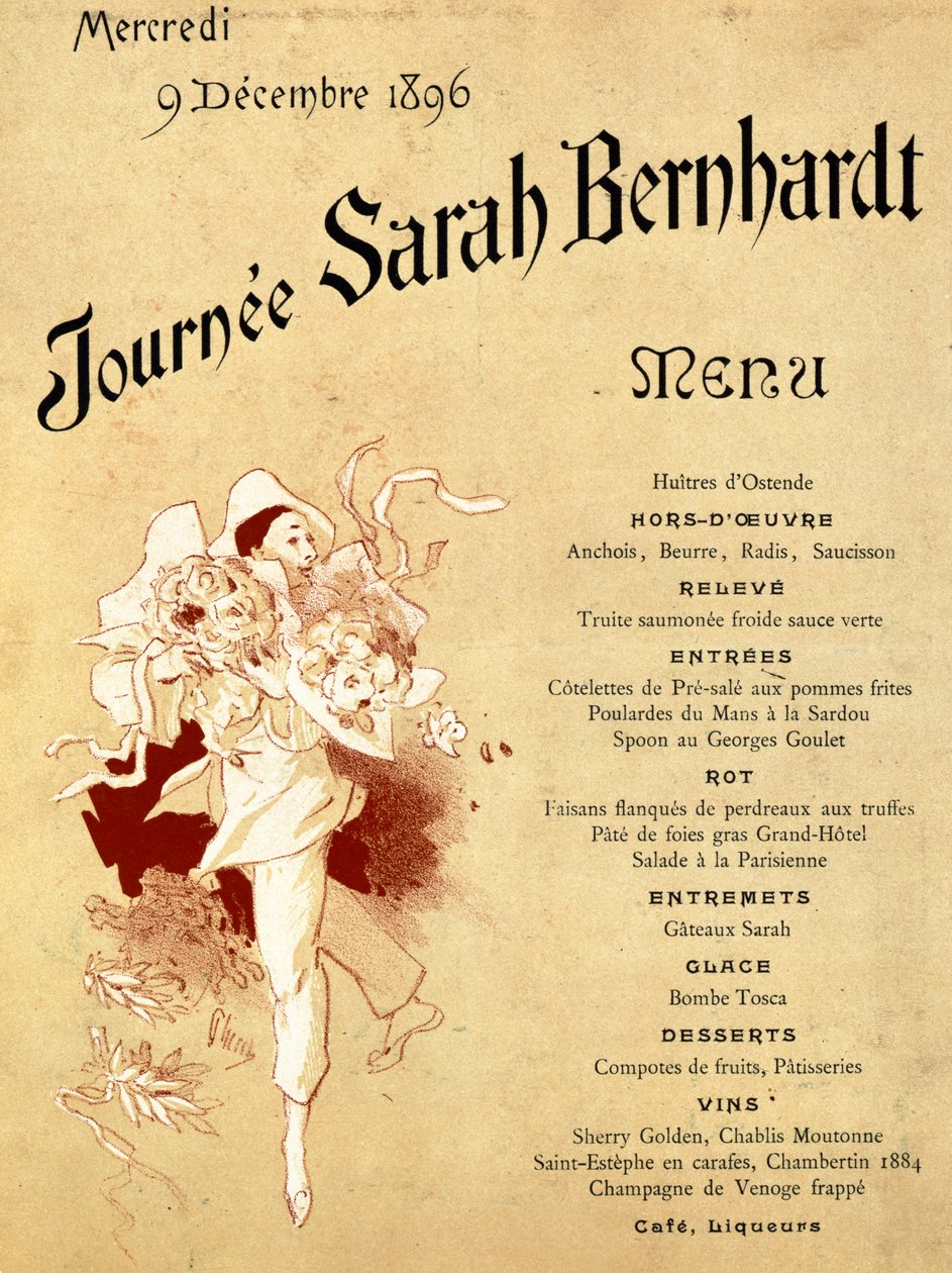 1896. december 9., szerda, Journee Sarah Bernhardt, menükártya, 1896 (lásd még: 245010) alkotó: Jules Cheret