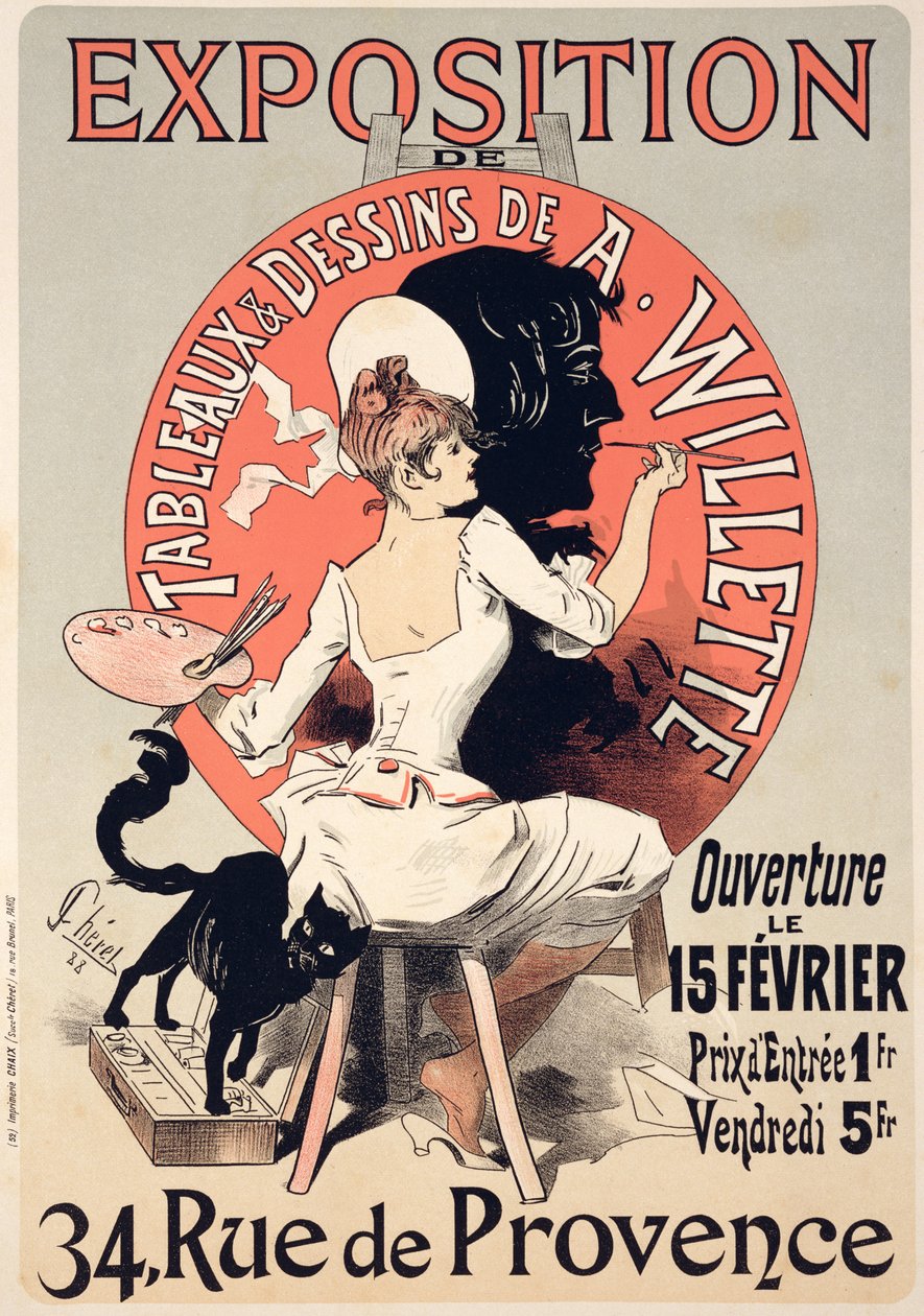 A. Willette (1857-1926) festményeinek és rajzainak kiállítását hirdető plakát reprodukciója, Rue de Provence, 1888. alkotó: Jules Cheret