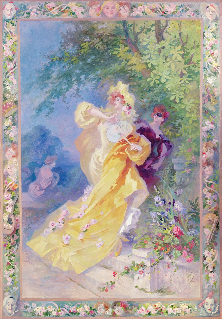 A Sárga Dominó, gobelin- vagy szőnyegtervezés, 1908 alkotó: Jules Cheret