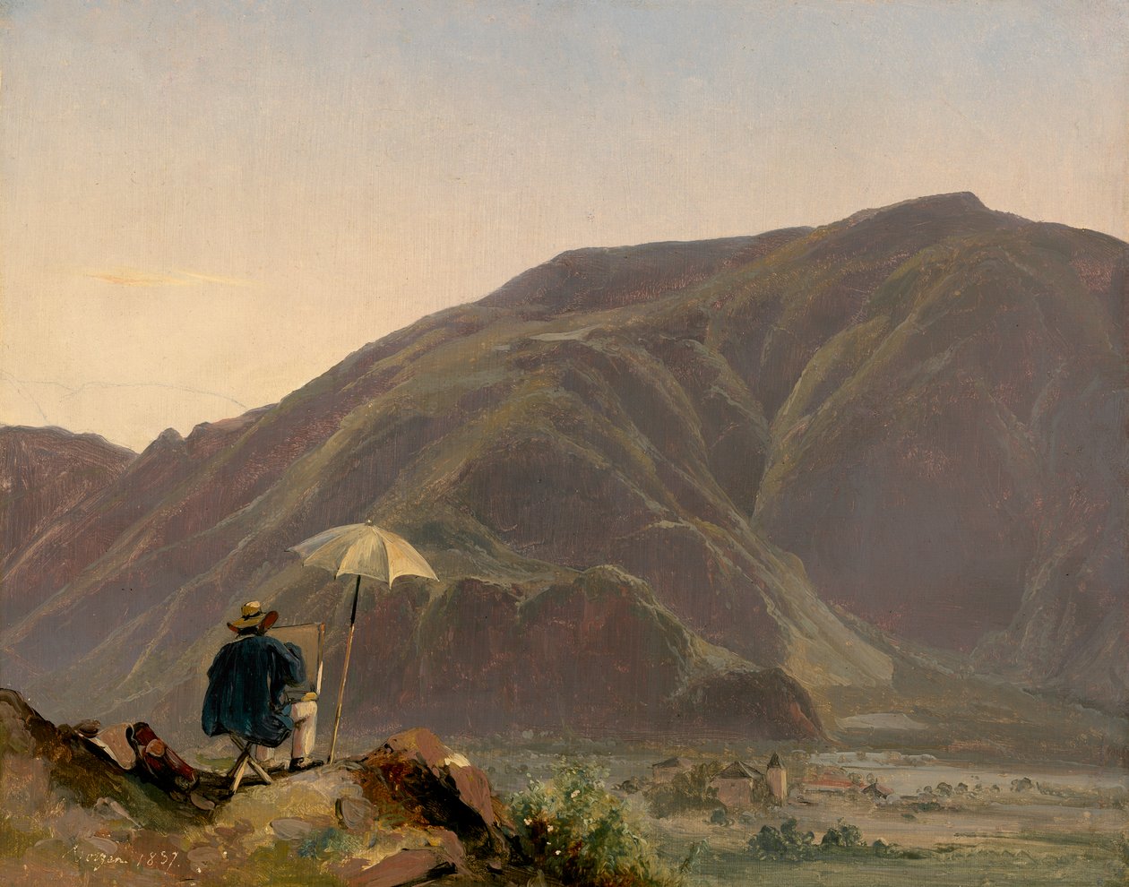 Bozen látképe festővel, 1837 (olaj, papír, vászon) alkotó: Jules Coignet
