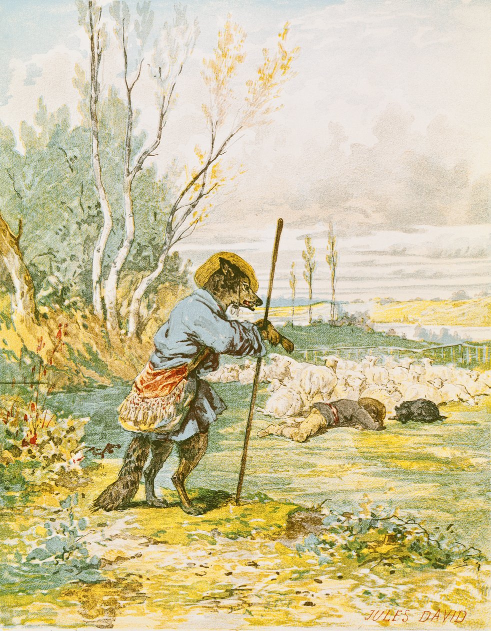 A farkas mint pásztor, Jean de La Fontaine (1621-95) "Mesék" című művéből. alkotó: Jules David