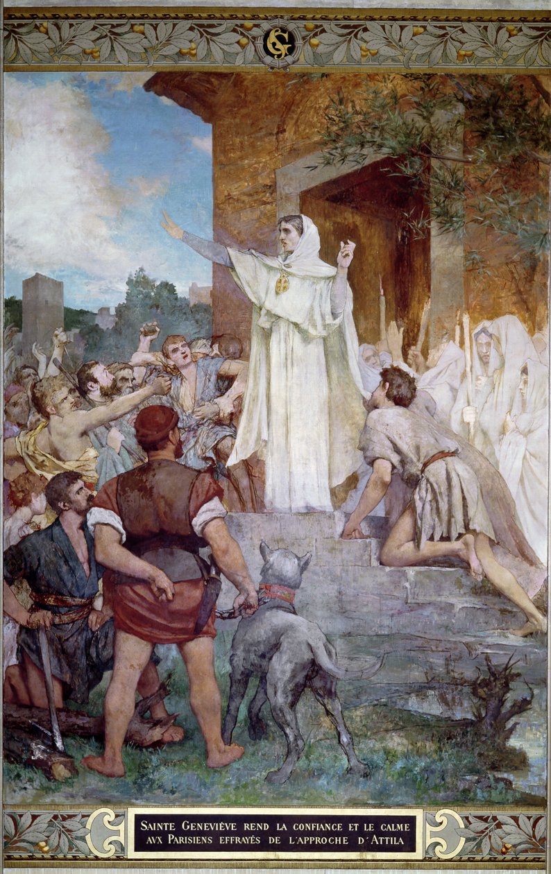Szent Genevieve a párizsiak megnyugtatása Attila megközelítéséről (406-453 körül) alkotó: Jules Elie Delaunay
