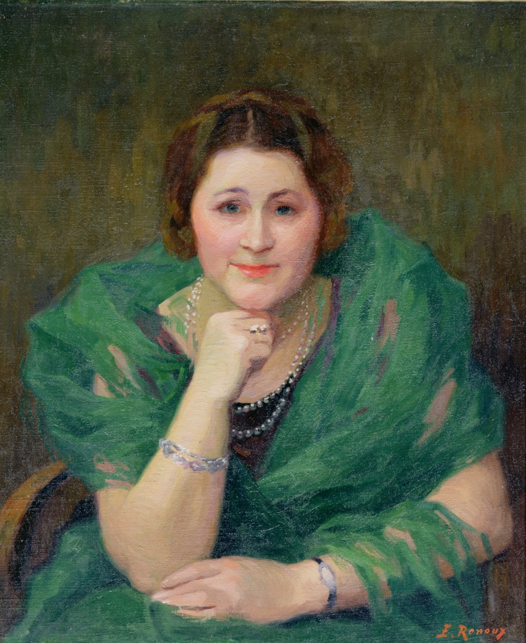 Egy orosz nő portréja zöld sállal alkotó: Jules Ernest Renoux