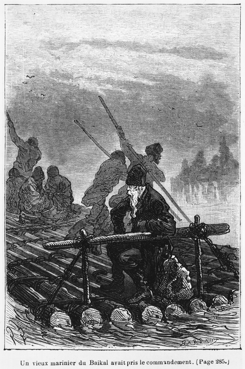 Egy öreg bajai hajós vette át a tutaj irányítását, illusztráció Jules Verne (1828-1905) "Michel Strogoff" című művéből, metszette Charles Barbant (1922) Párizs, Hetzel. alkotó: Jules Ferat