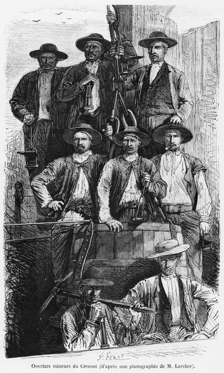 Le Creusot szénbányászai a Második Birodalom idején, Julien Turgan „Les Grandes Usines” illusztrációja, 1880 körül alkotó: Jules Ferat