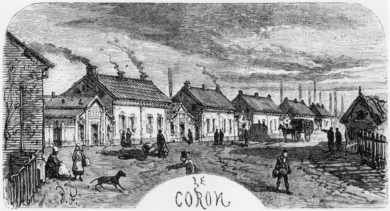 A bányászfalu, Emile Zola (1840-1902) „Germinal” című művéből készült illusztráció, Desire Dumont metszet (19. század), 1886-os kiadás alkotó: Jules Ferat