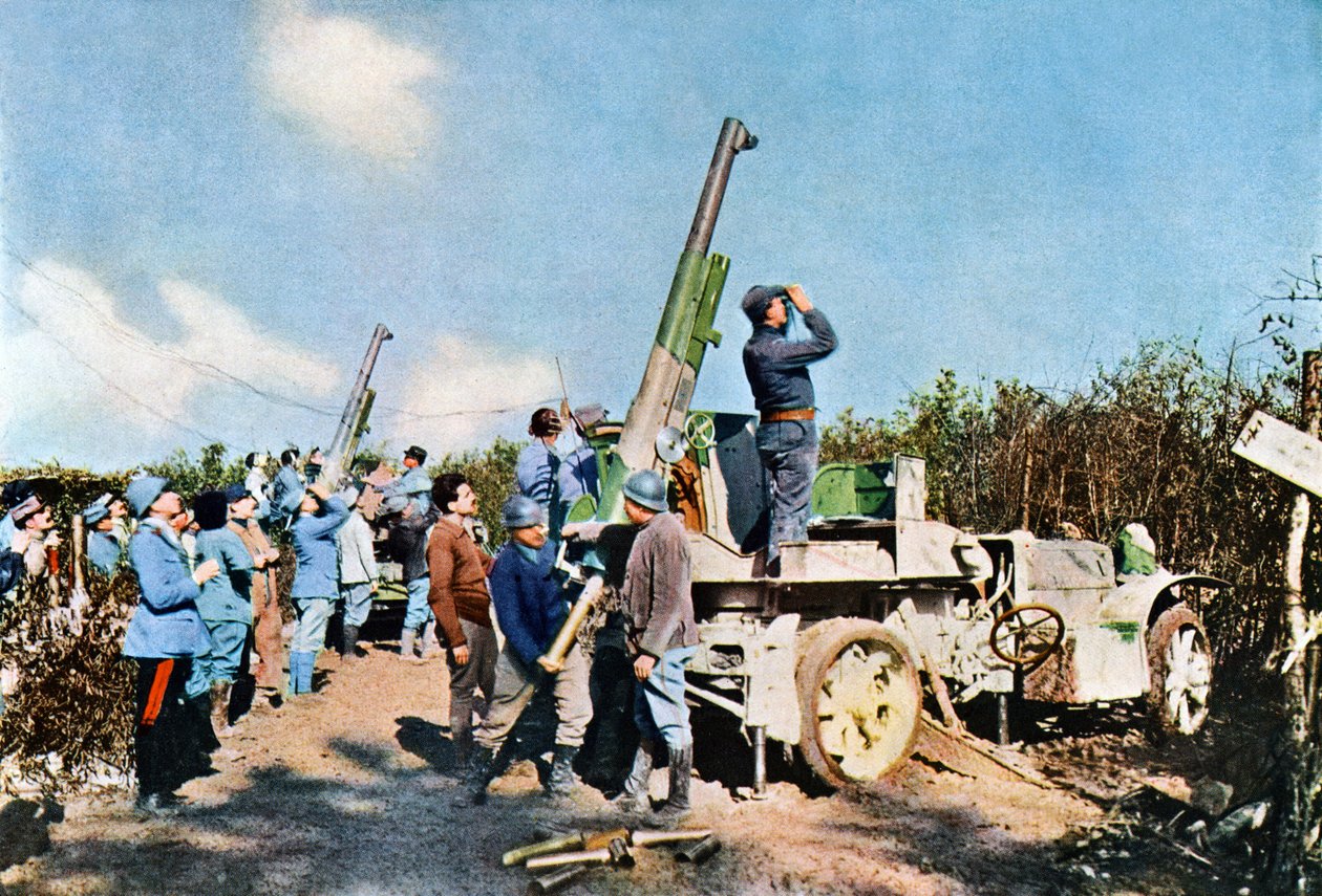 Légelhárító ágyúk működés közbeni járművekre, Verdun, 1916. szeptember (autokróm) alkotó: Jules Gervais Courtellemont