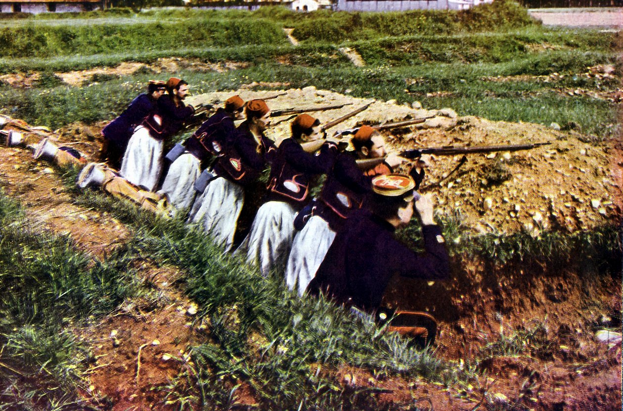 A francia hadsereg Zouave gyalogos csapatai Barcynál a marne-i csata során Párizstól keletre, 1914. szeptember (autokróm) alkotó: Jules Gervais Courtellemont