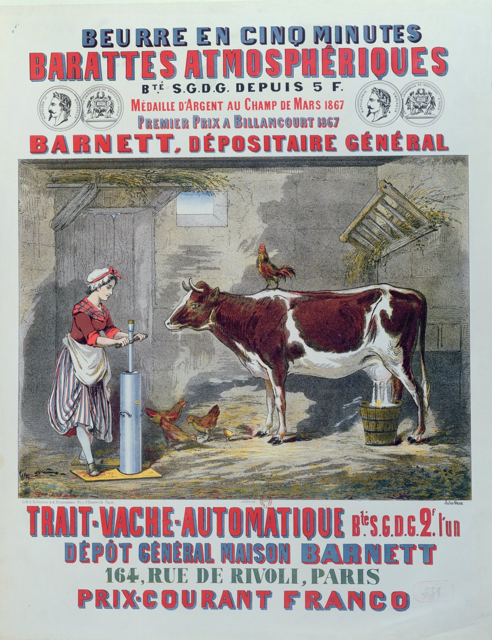 Reklám az atmoszférikus csurról és az automata fejőgépről, Maison Barnett, Párizs, 1867 körül alkotó: Jules Gras