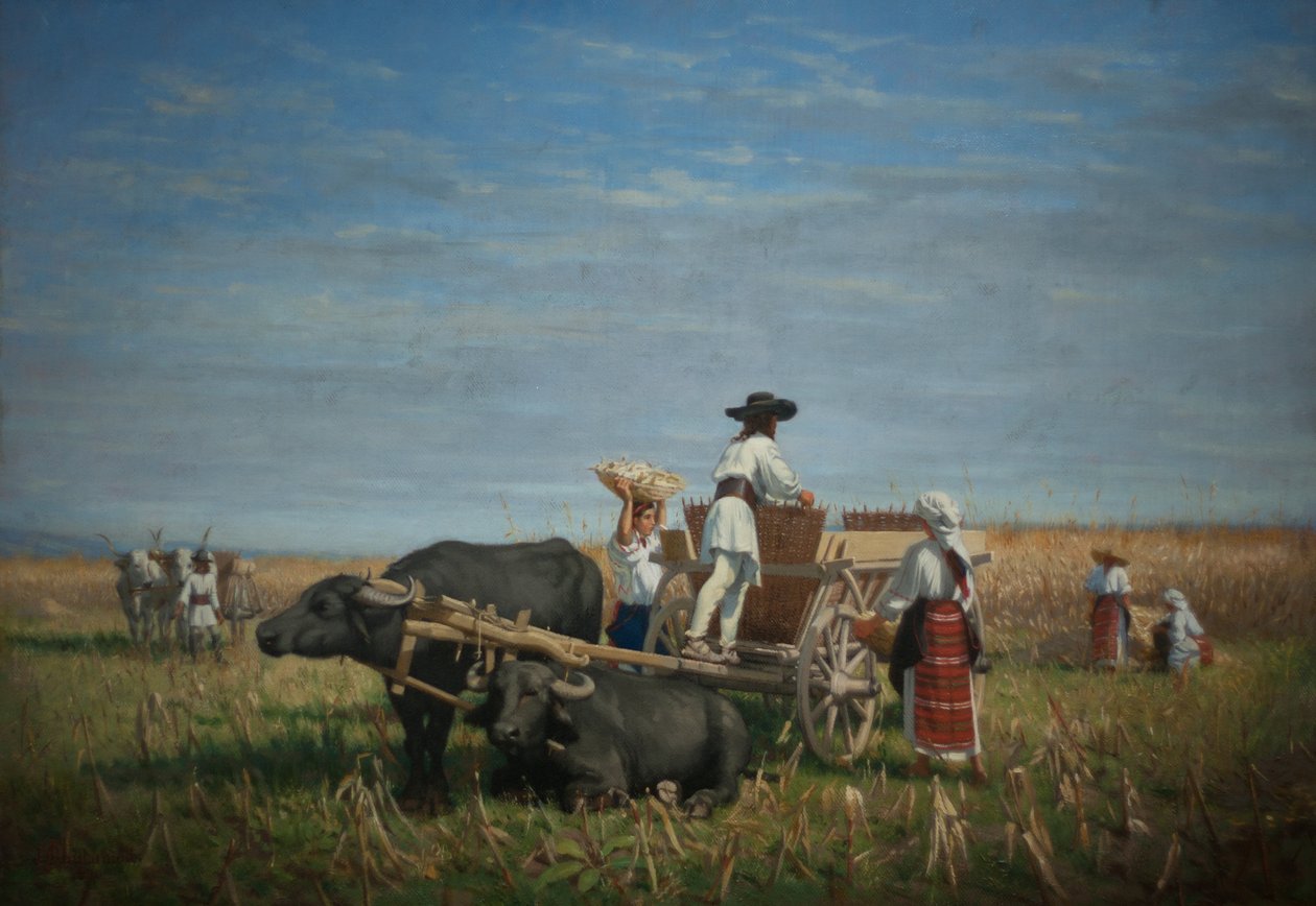 Kukorica betakarítás Erdélyben alkotó: Jules Jacques Jacot Guillarmod