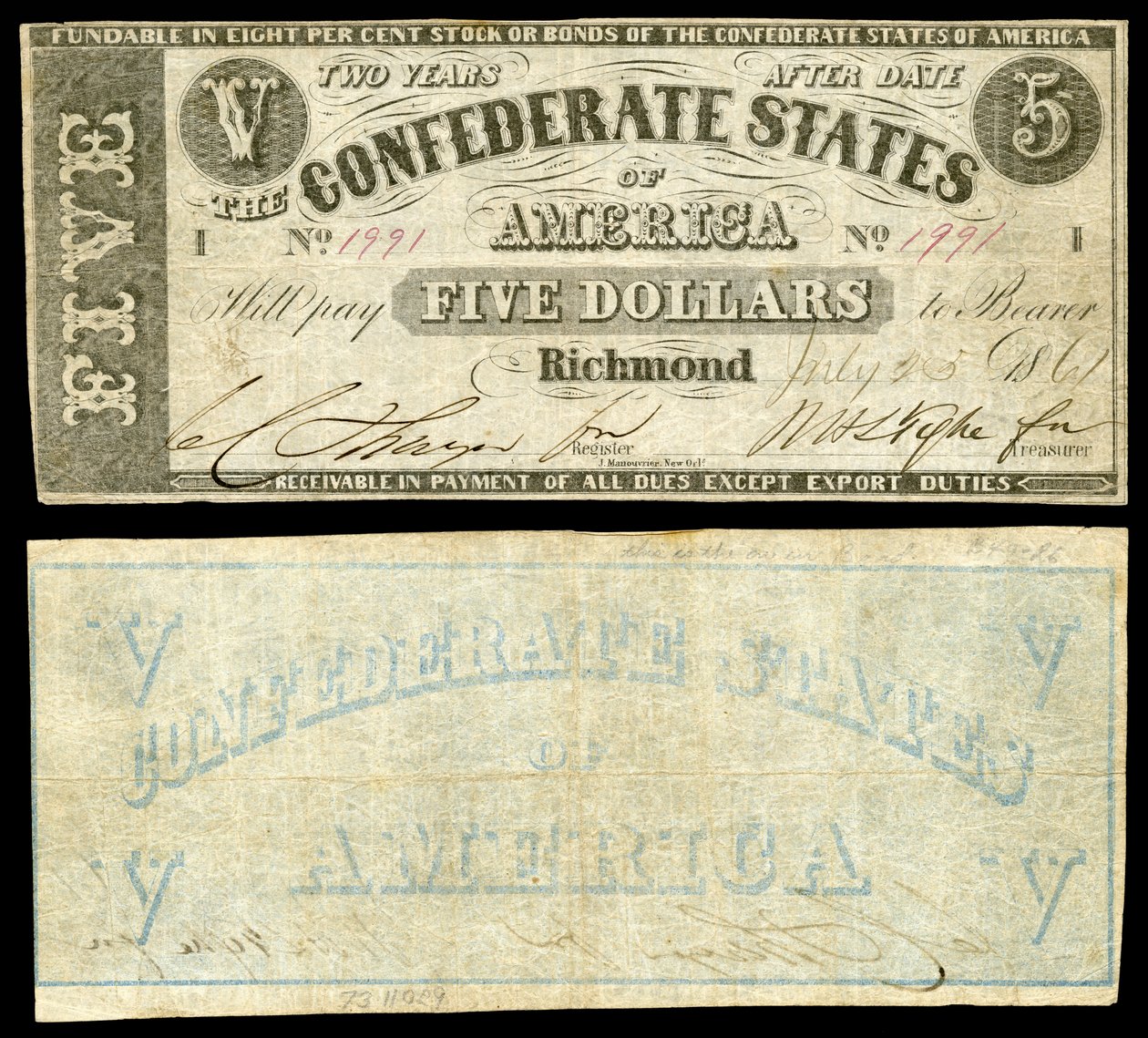 Második sorozat 5 dolláros amerikai szövetségi bankjegy. Amerikai Szövetségi Államok elöl, csak 1861 -ben bocsátott ki cetlit nyomtatott hátoldalával. alkotó: Jules Manouvrier