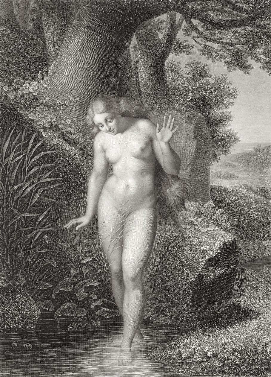 Éva tükörképe a vízben, John Milton (1608-74) „Elveszett paradicsom” francia kiadásából, amelyet St. Eve és Lalaisse metszett, 1868-ban. alkotó: Jules Richomme
