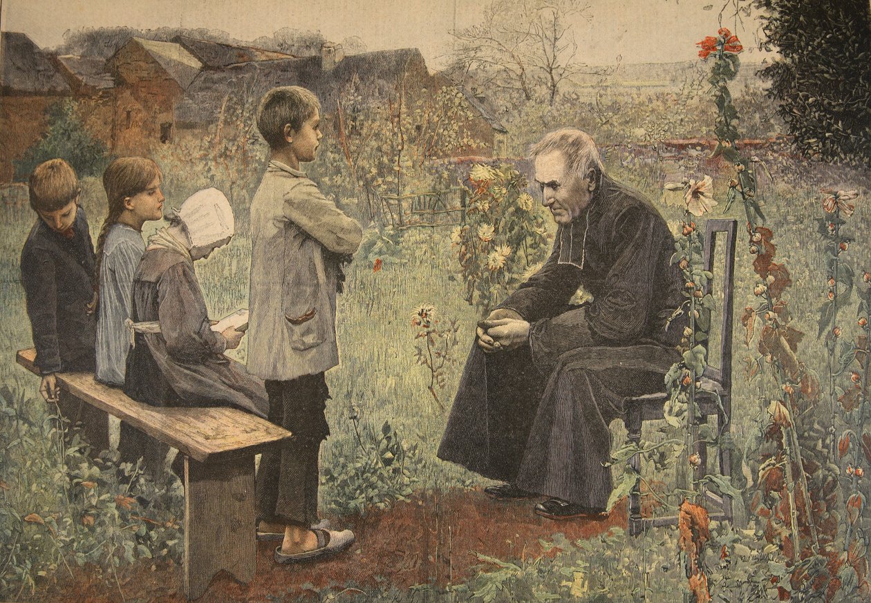 Pap tanítja a gyerekeknek a katekizmust, illusztráció a "Le Petit Journal"-ból: Supplement illustre", 1898. június 5. alkotó: Jules Alexis Meunier